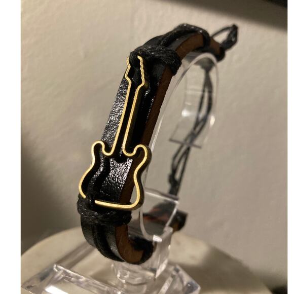 leather cuff bangle adjustable bracelet guitar band rock music metal - Picture 1 of 3